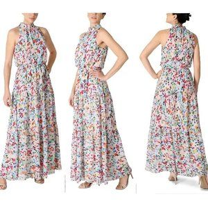 Julia Jordan Maxi Dress Size 8 Colorful Chiffon Mock Neck Sleeveless Halter